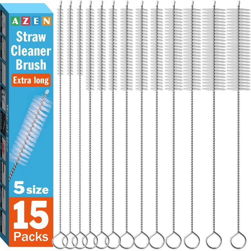 AZEN 15 Pack Straw Cleaner Brush Set 12 inch Extra Long 5 Different Diameters Reusable Cleaning Brush for Sippy Cup Water Bottle and Tubes